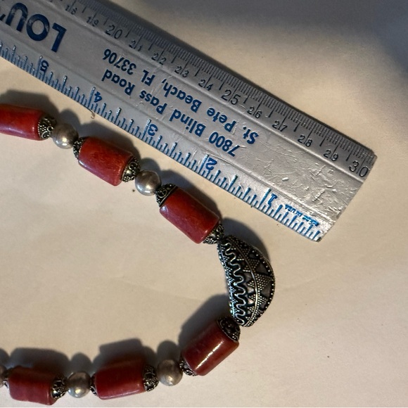 Red Coral Silver Bead Necklace Chunky Ethnic Tribal - Picture 7 of 8